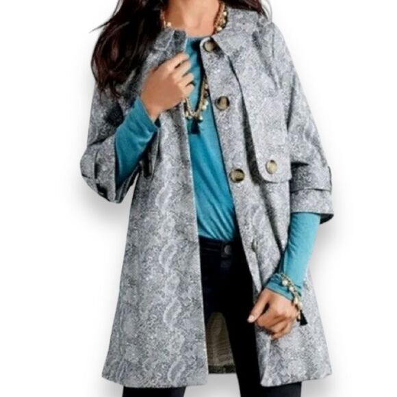 Cabi‎ Camille Black Gray Snakeskin 3/4 Sleeve Trench Coat Jacket Size Medium - Picture 1 of 16